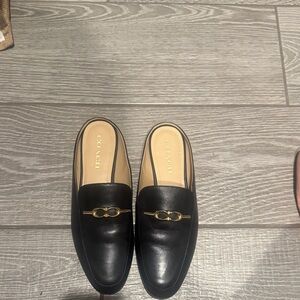 Coach Black Leather Mules with Gold Detail